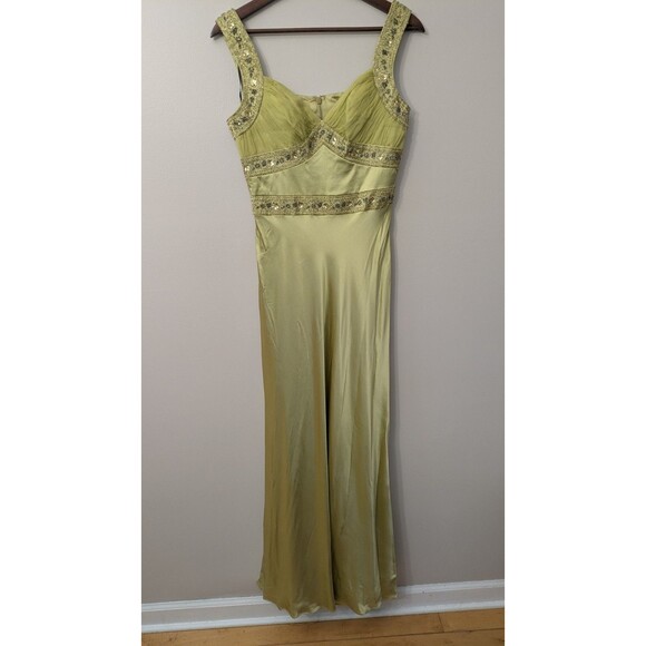 Vintage Y2K Silk Gown Size 4 Beaded Maxi Dress Fairy Prom Hoco Olive Green 90s - Picture 1 of 12